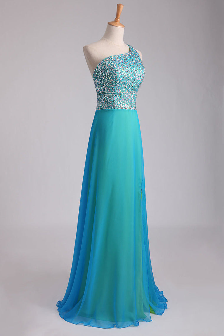 2022 Multi Color Prom Dress One Shoulder Beaded Bodice Backless With A Sexy Slit