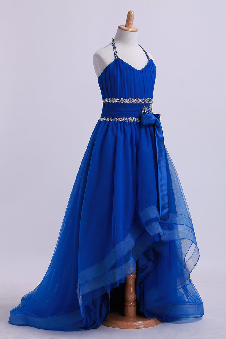 2022 Dark Royal Blue Halter A Line High Low Flower Girl Dresses Beaded Tulle