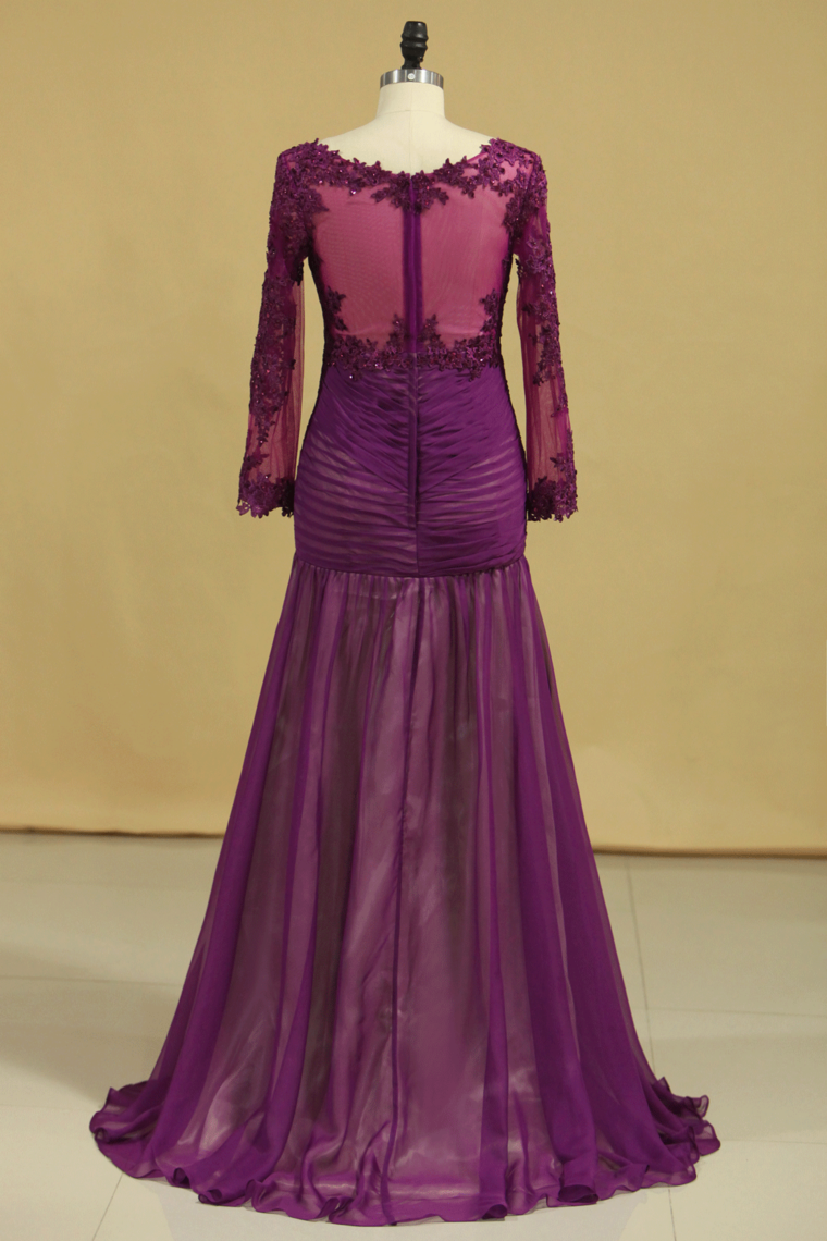 2022 Grape V Neck Long Sleeves Mermaid Evening Dresses Chiffon With Applique And Ruffles