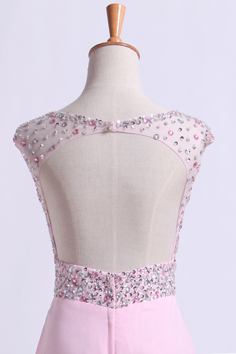 2022 Scoop Neckline Beaded Bodice A Line Open Back With Chiffon Skirt Sweep Train