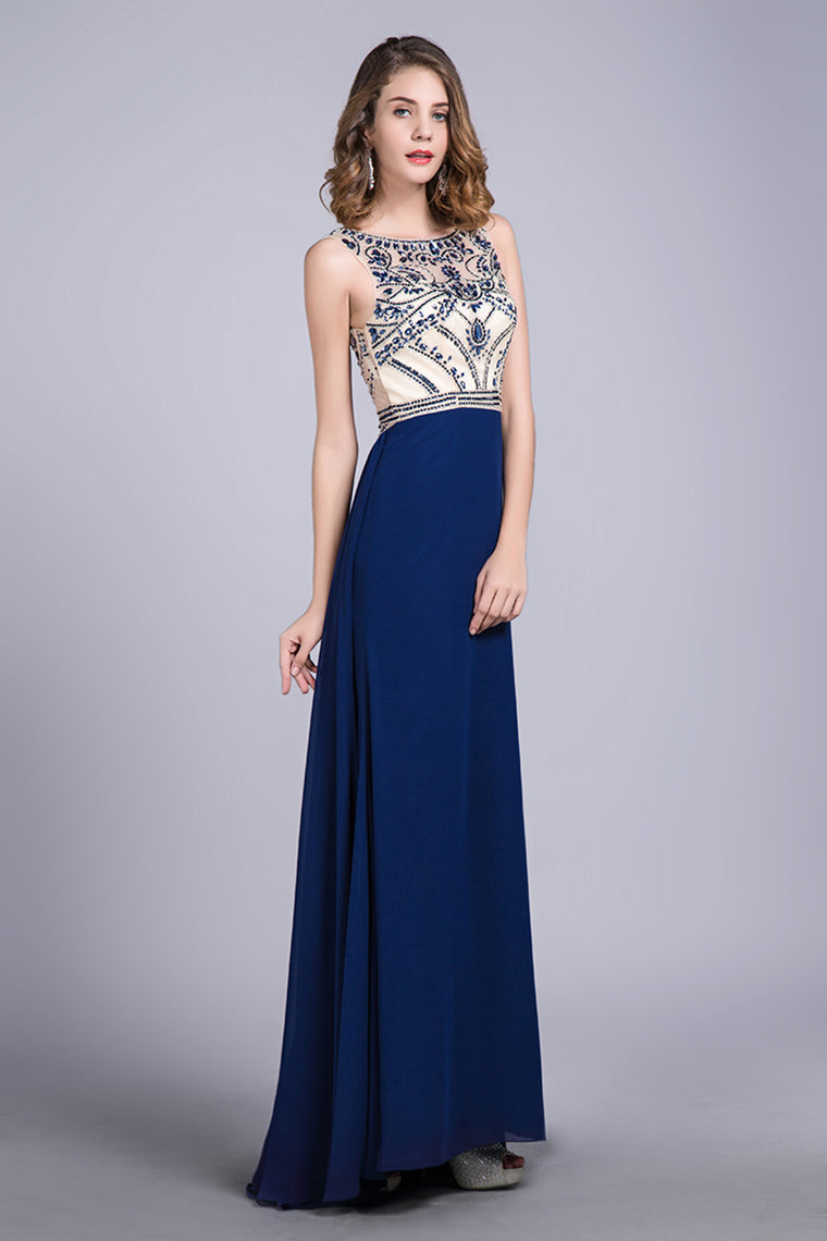 2022 Prom Dresses Scoop A Line Full Length Beaded Tulle Bodice With Chiffon Skirt Ready To Ship