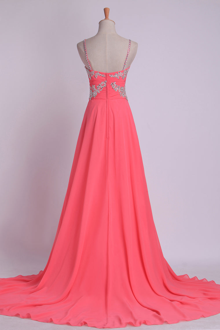 2022 Pleated Bodice Low Back Chiffon Sleeveless A Line Spaghetti Straps Prom Dress