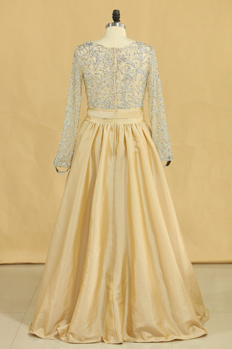 2022 Prom Dresses V Neck Long Sleeves A Line Taffeta With Beading Floor-Length