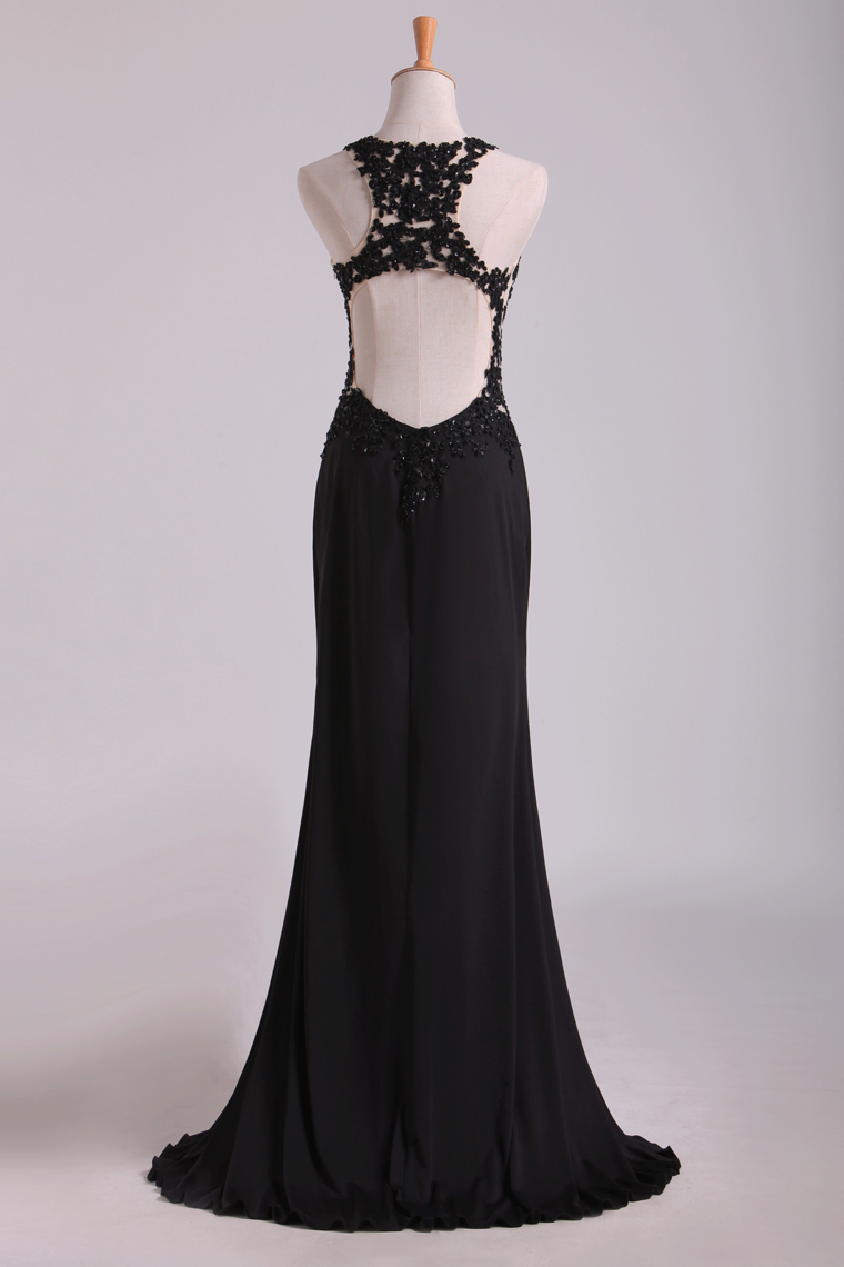 2022 Popular Black Scoop Sheath/Column Prom Dresses With Beading And Applique