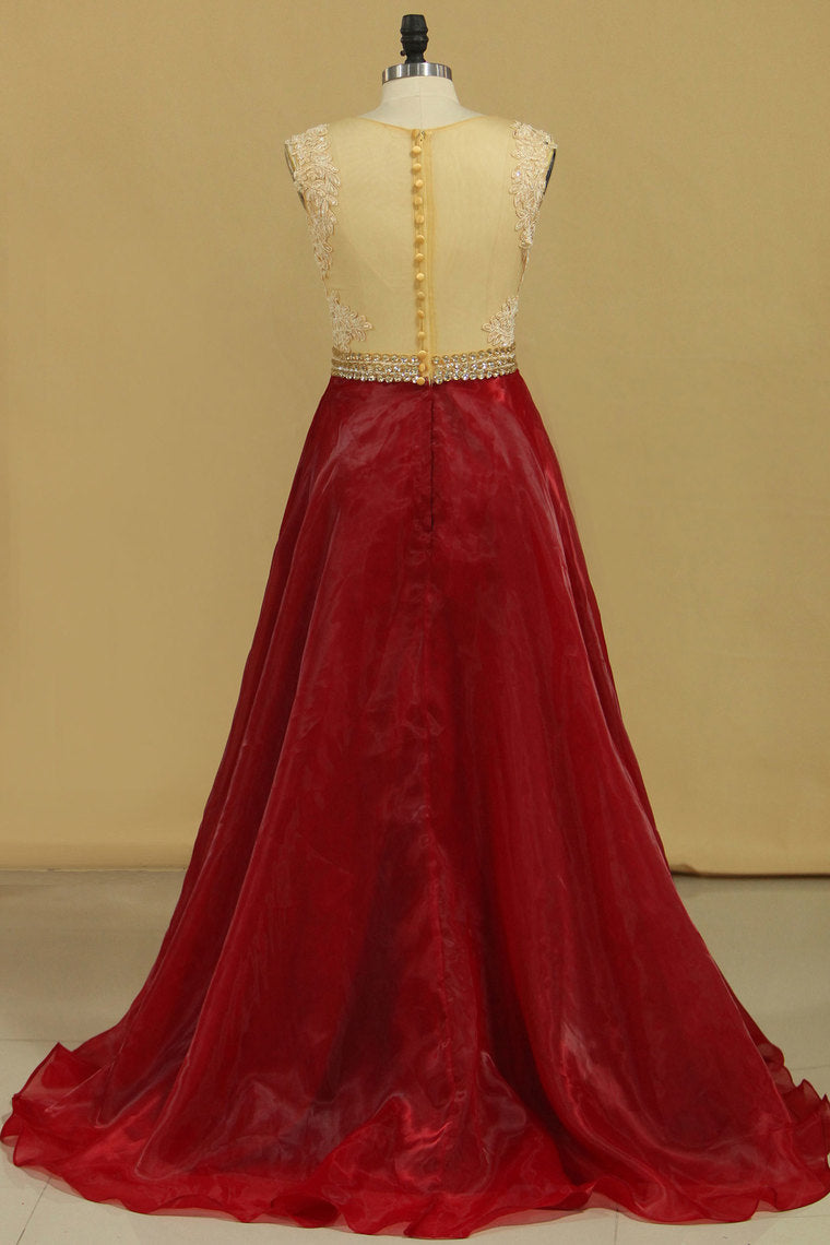 2022 Scoop A Line Prom Dresses Organza With Sash & Applique Burgundy/Maroon