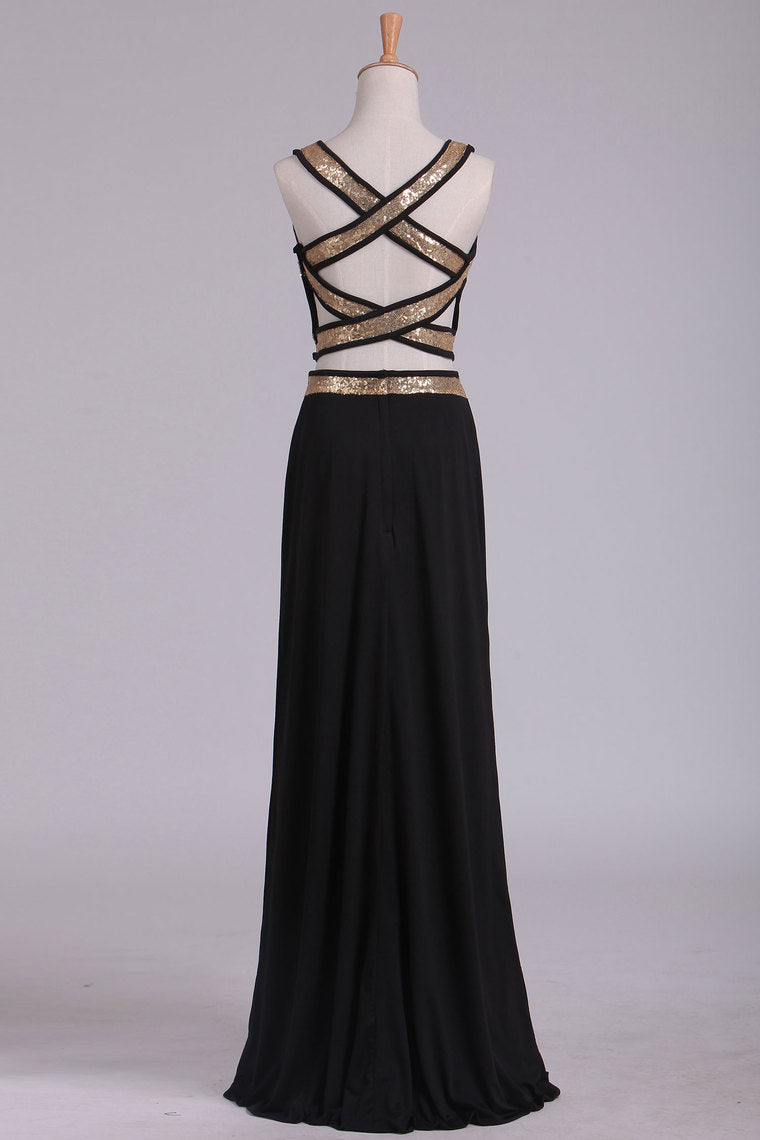 2022 Black Open Back Two Pieces Sheath Prom Dresses Spandex With Beads And Slit