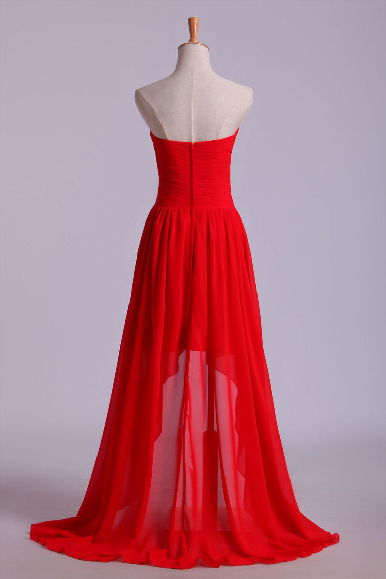 2022 High Low Sweetheart A Line Pleated Bodice Flowing Chiffon Skirt