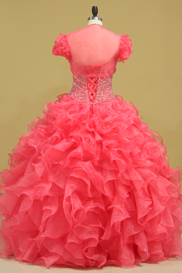 2022 Beautiful Quinceanera Beaded Bodice Sweetheart Floor Length Ruffle Skirt Orange