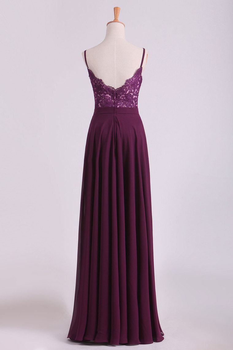 2022 Prom Dresses A Line Spaghetti Straps Chiffon With Applique Floor Length