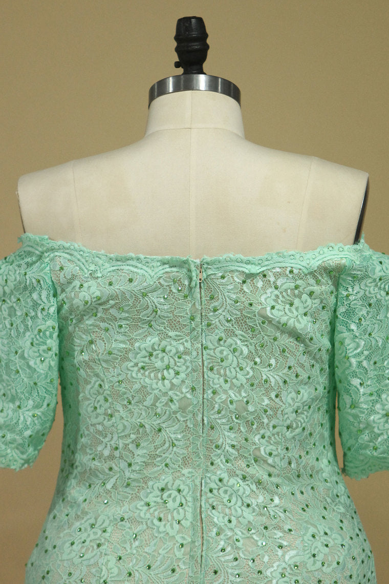 2022 Sheath/Column Mid-Length Sleeves Bateau Lace Sweep Train Prom Dresses