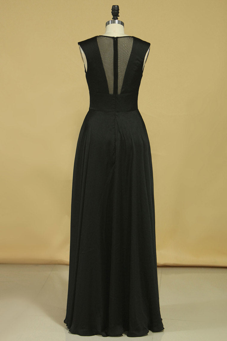 2022 A Line  V Neck Floor Length Prom Dresses Chiffon
