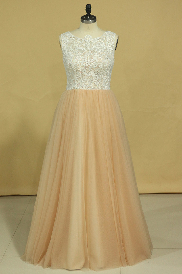 2022 Plus Size Scoop A Line Prom Dresses Tulle & Lace Floor Length