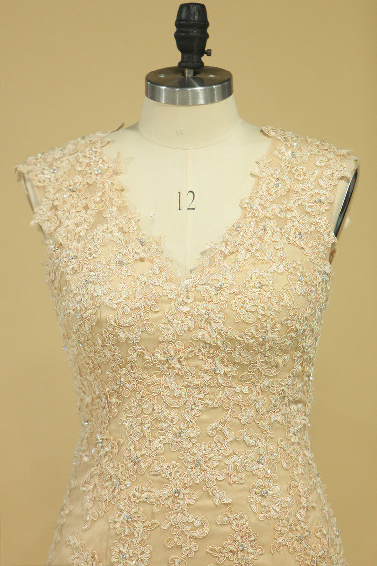 2022 Champagne V-Neck Wedding Dresses A Line Court Train With Applique