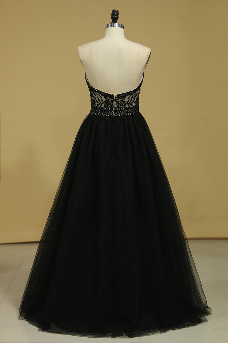 2022 Plus Size Black A Line Prom Dresses Sweetheart Tulle With Applique & Beads Floor Length