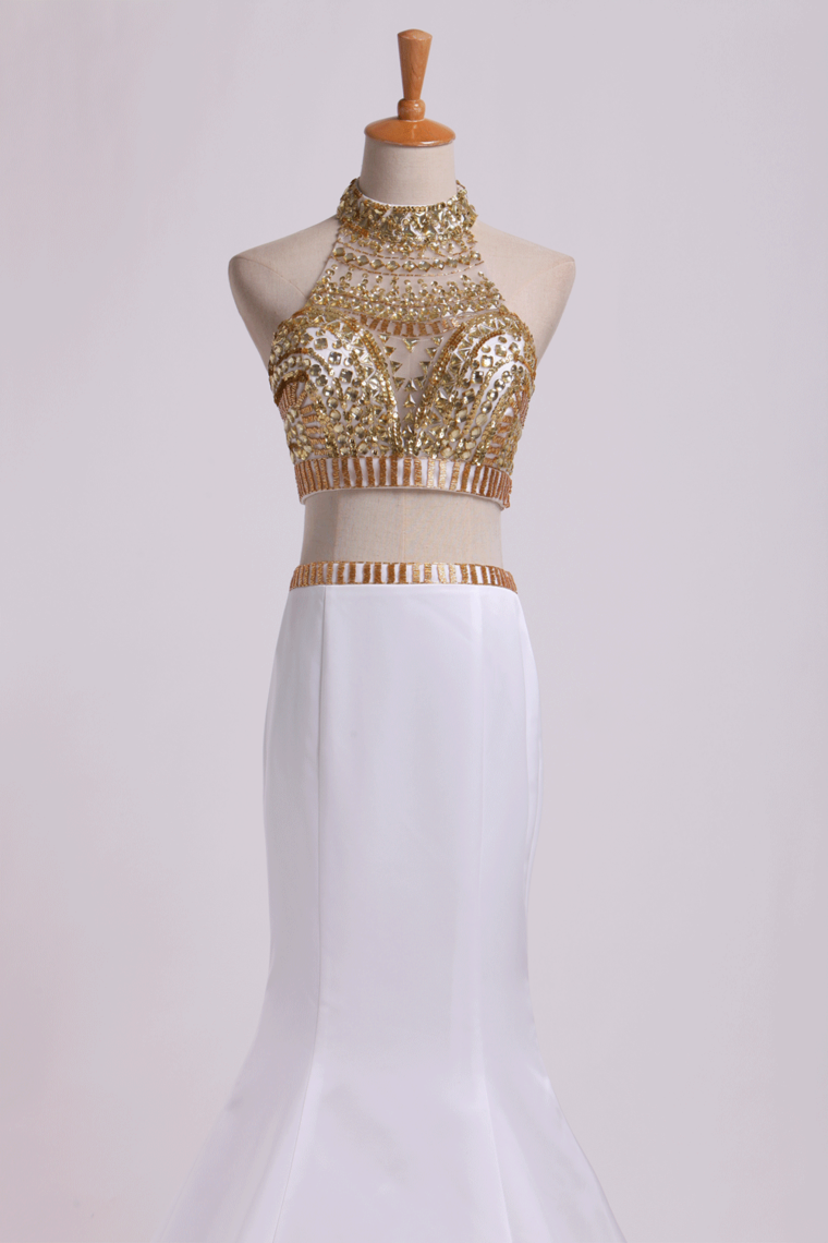 2022 Two Pieces Beaded Bodice High Neck Prom Dresses Trumpet Sweep Train