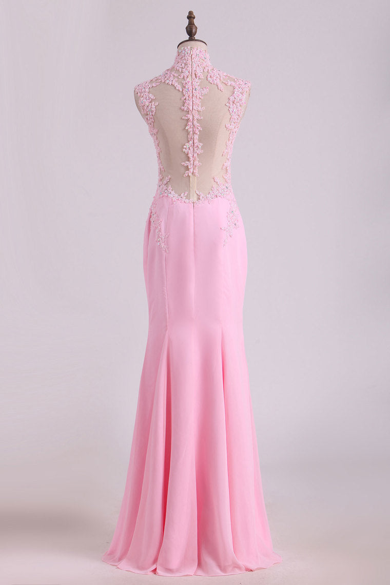2022 High Neck Chiffon Prom Dresses Mermaid/Trumpet With Applique And Beads