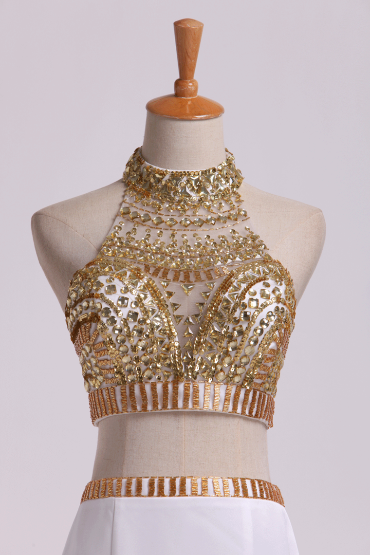 2022 Two Pieces Beaded Bodice High Neck Prom Dresses Trumpet Sweep Train