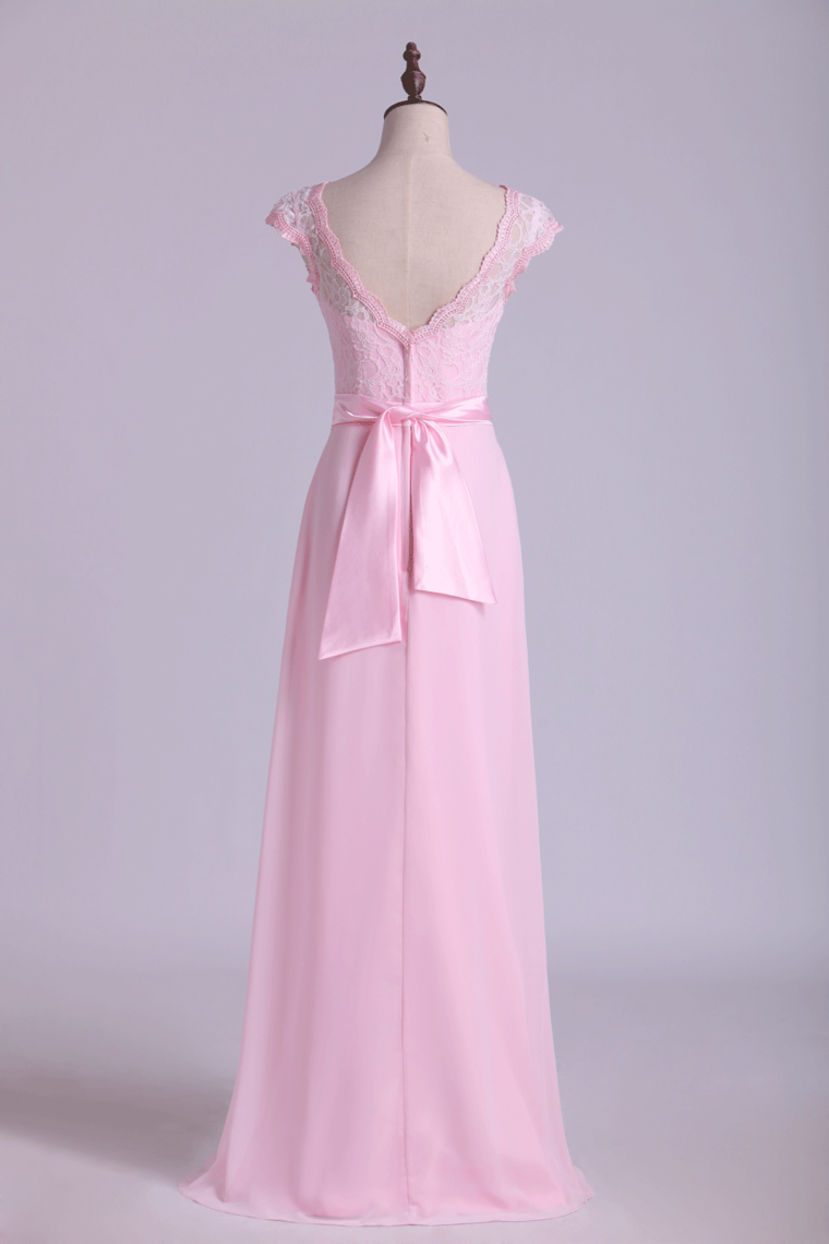 2022 Cap Sleeve Chiffon & Lace Bridesmaid Dresses A-Line Floor-Length New