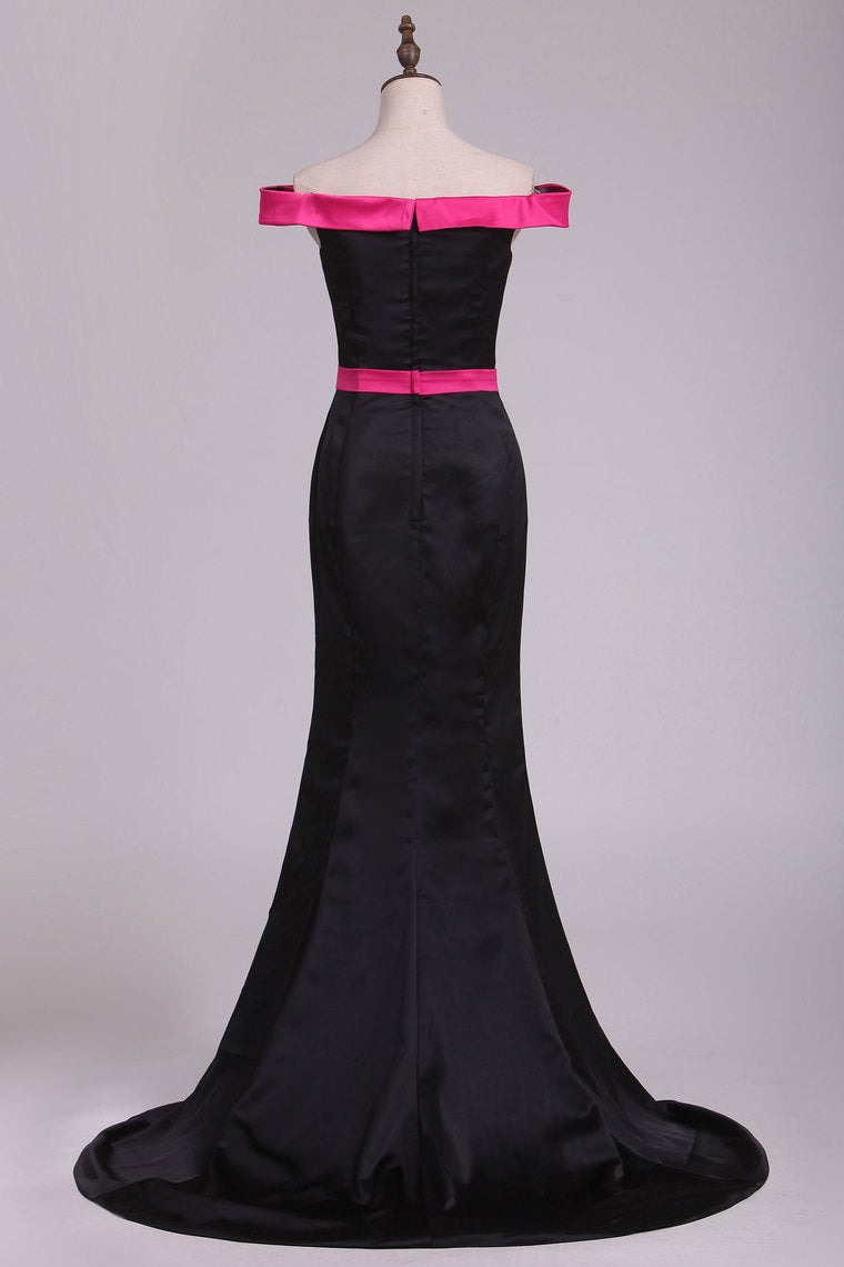 2022 Boat Neck Stretch Satin Evening Dresses Mermaid Sweep Train Bicolor