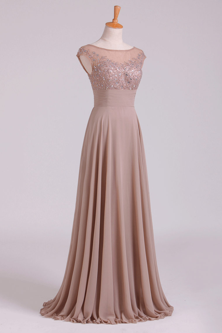 2022 Bateau A-Line Prom Dresses Chiffon Floor-Length With Beads And Applique