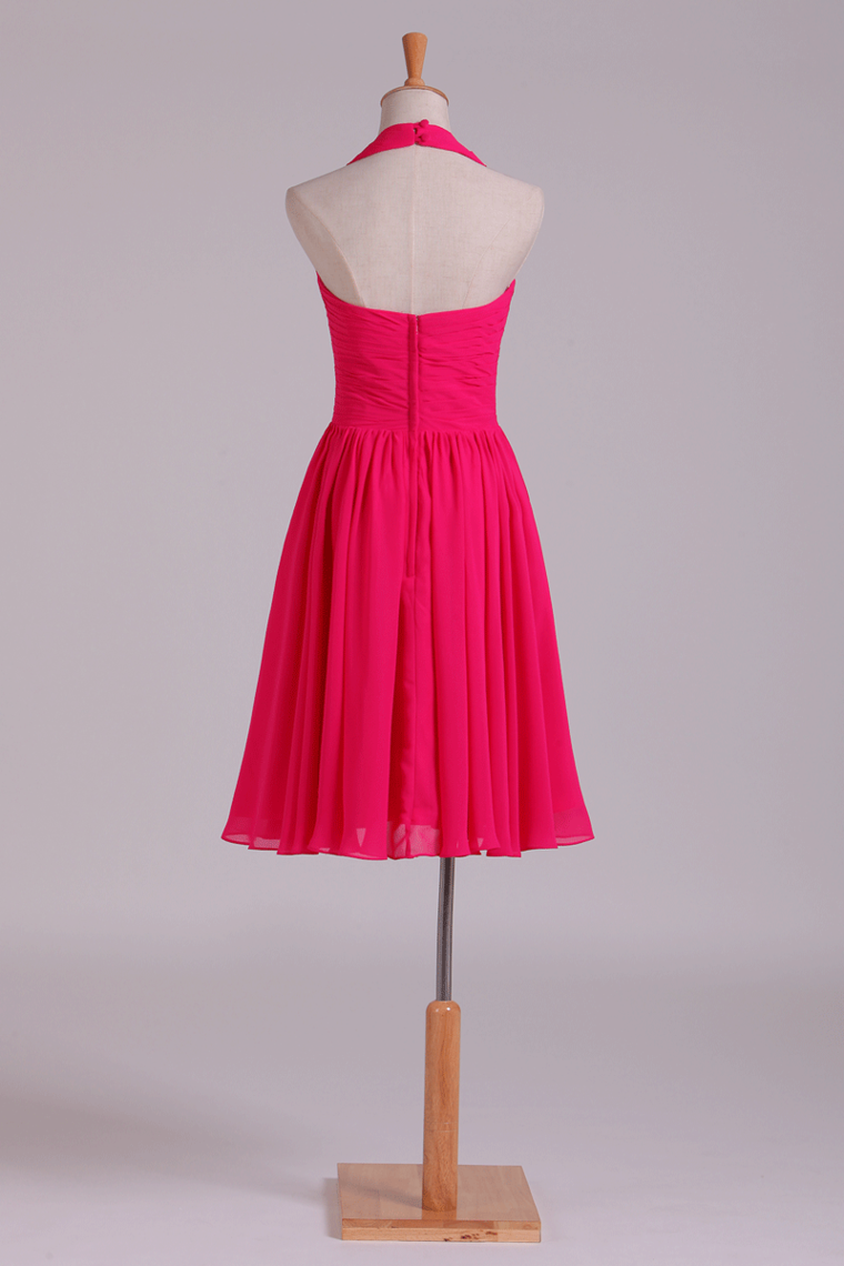 2022 Prom Dresses Halter A Line Pleated Bodice Knee Length Chiffon