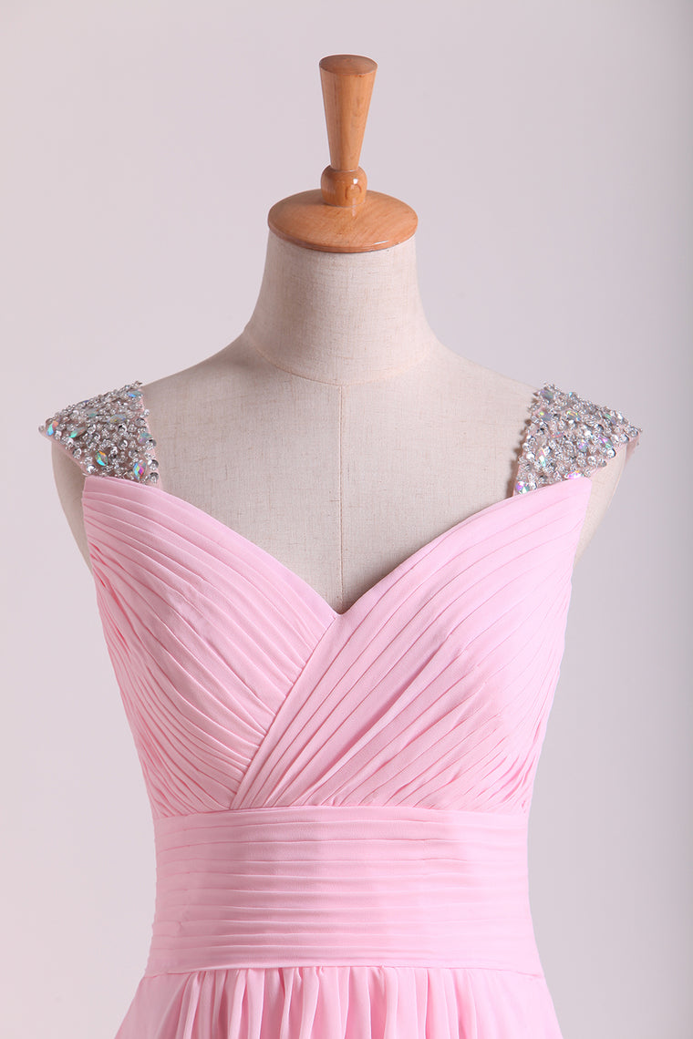 2022 Straps Prom Dresses Beaded Straps Chiffon Floor Length With Ruffles