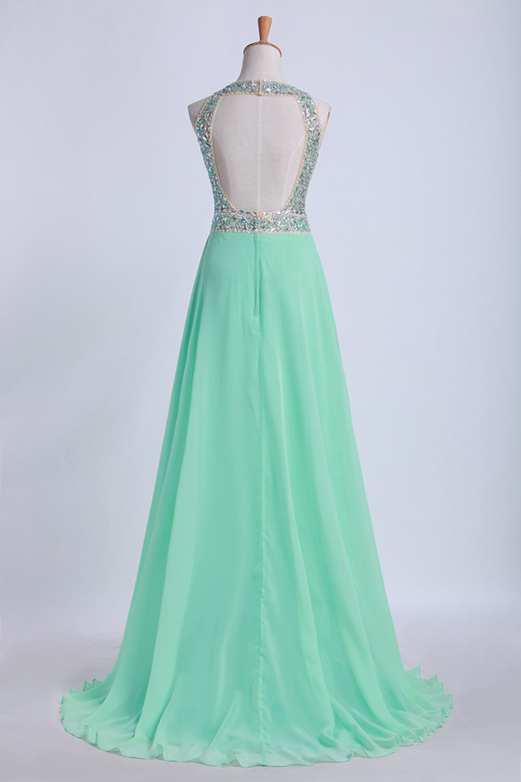 2022 Tow-Tone Bateau Open Back Prom Dresses A-Line Beaded Bodice With Slit Chiffon