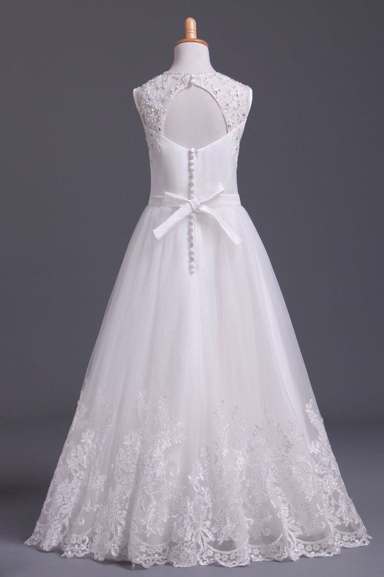 2022 Scoop Flower Girl Dresses A Line Tulle Ankle Length With Applique