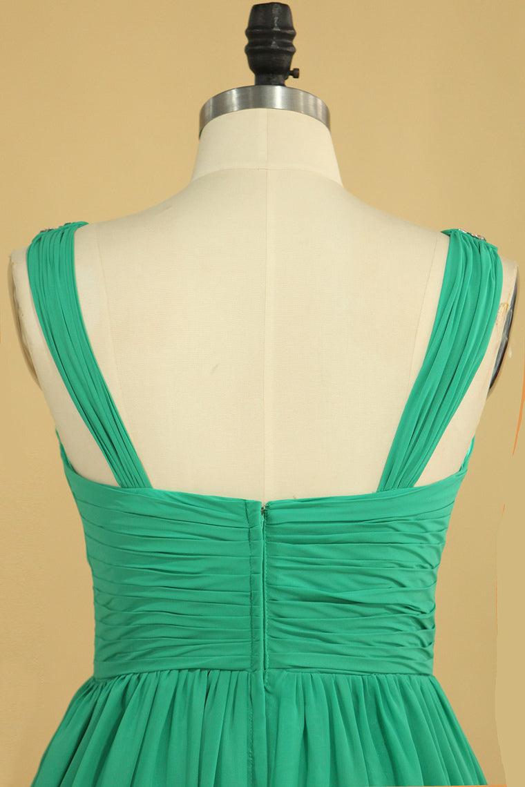 2022 V Neck A Line Plus Size Prom Dresses Chiffon Sweep Train With Ruffles & Beads