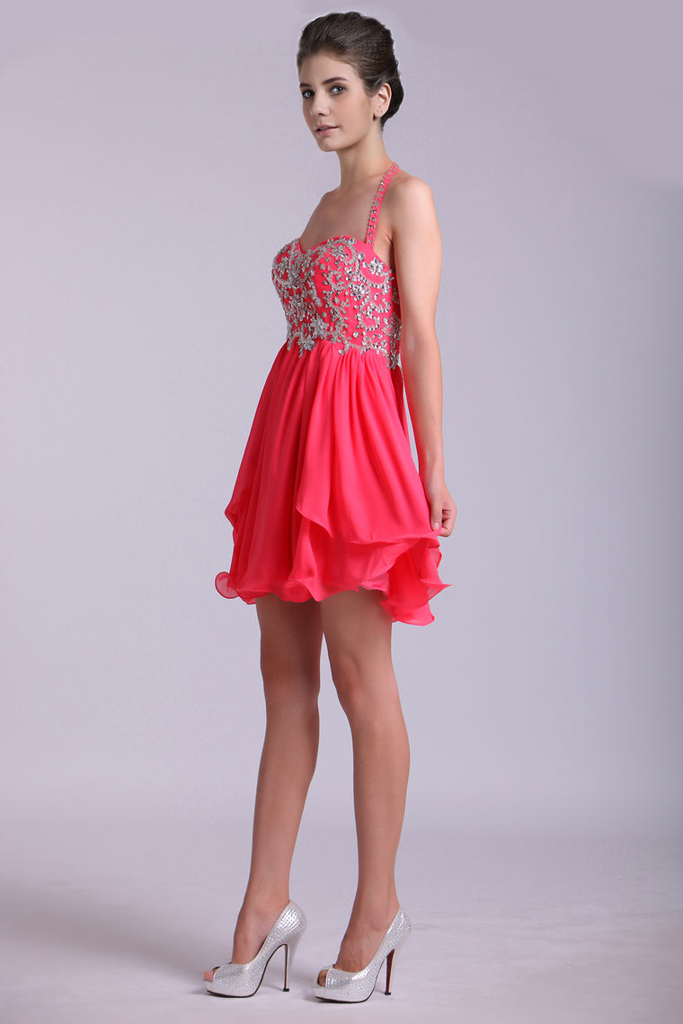 2022 Homecoming Dresses A Line Halter Short/Mini Chiffon With Beading & Sequins