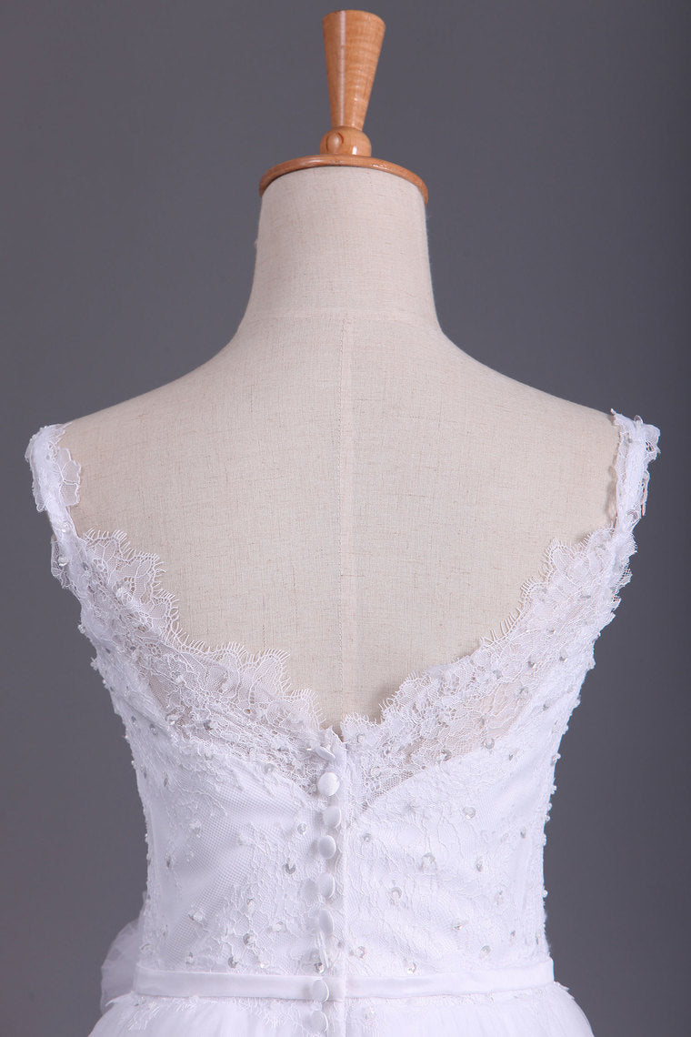 2022 Straps A Line Wedding Dress Court Train Tulle With Applique & Handmade Flower