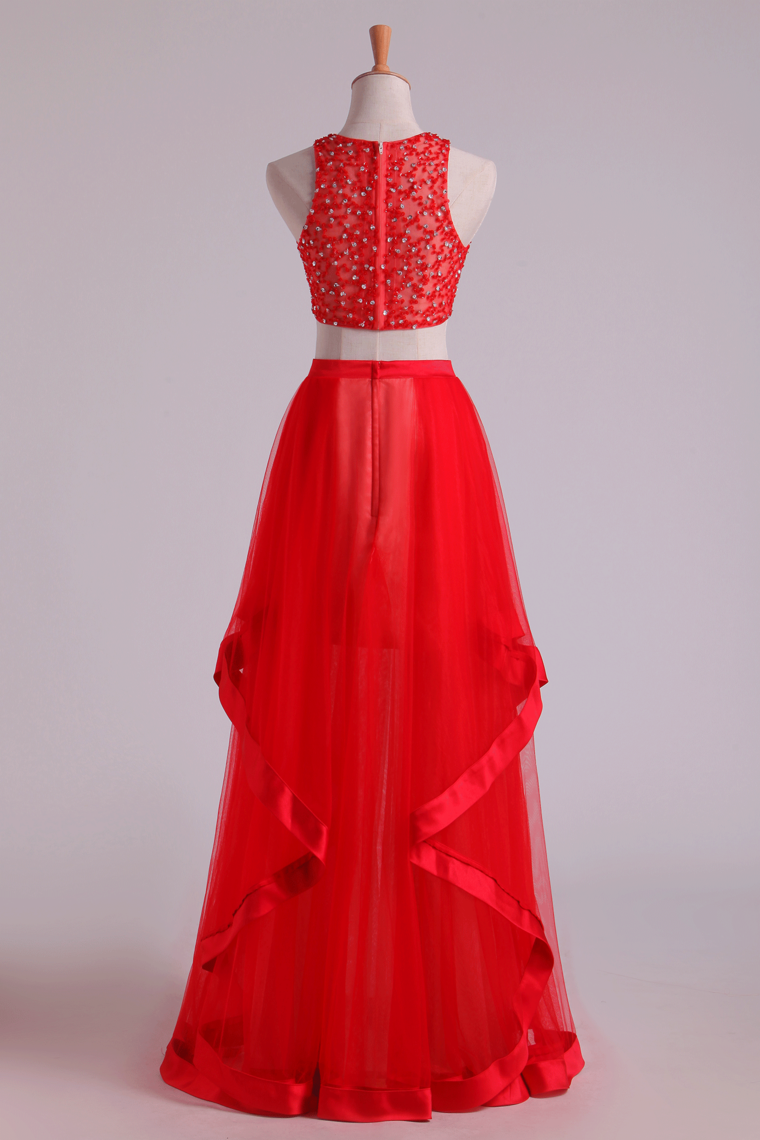 2022 Two Pieces Scoop Prom Dresses A Line Tulle Sweep Train See-Through