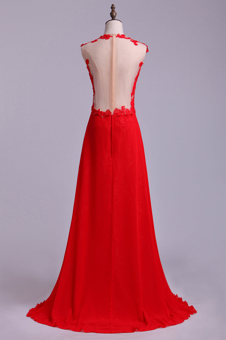 2022 Scoop Neckline Embellished Bodice With Beadeds&Applique Long Chiffon Prom Dress
