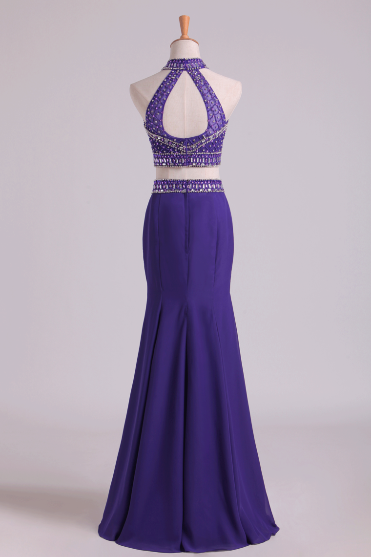 2022 Prom Dresses Halter Two-Piece Beaded Bodice Mermaid Open Back Spandex & Tulle Floor Length