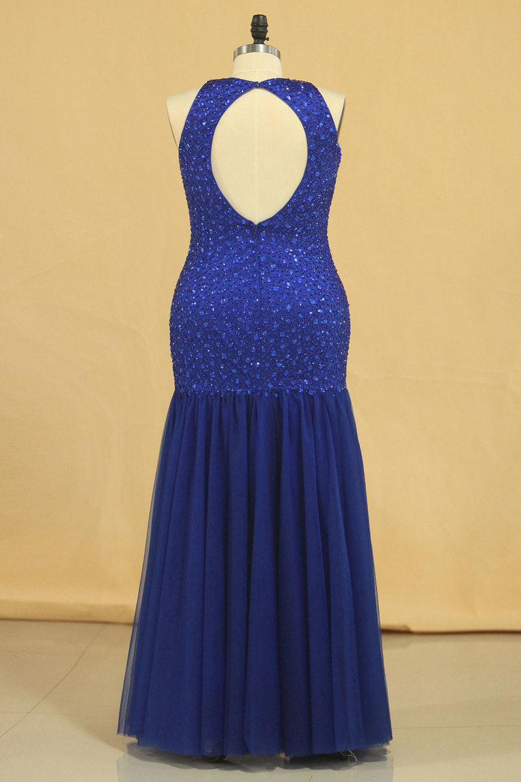 2022 Floor Length Prom Dresses Scoop Beaded Bodice Mermaid Tulle Dark Royal Blue