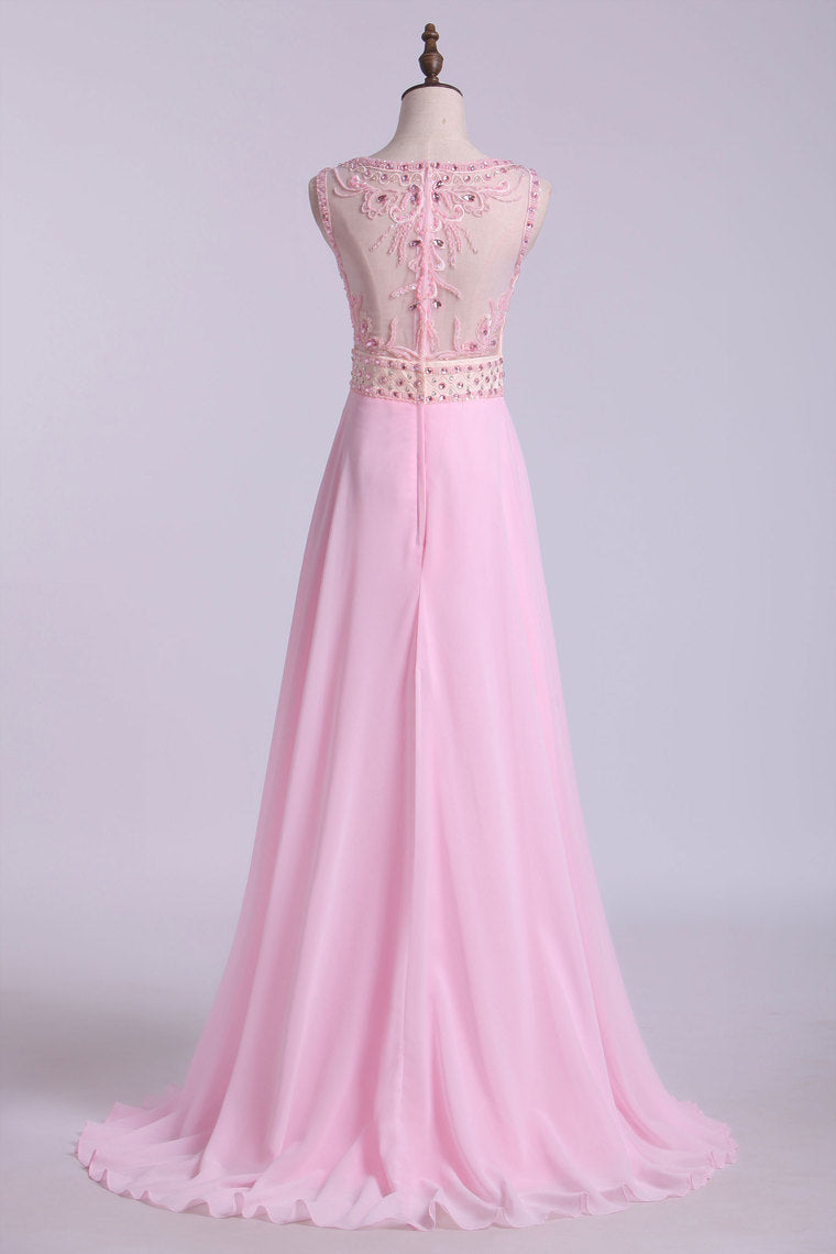 2022 Beaded Bodice Bateau Prom Dresses Chiffon Floor Length
