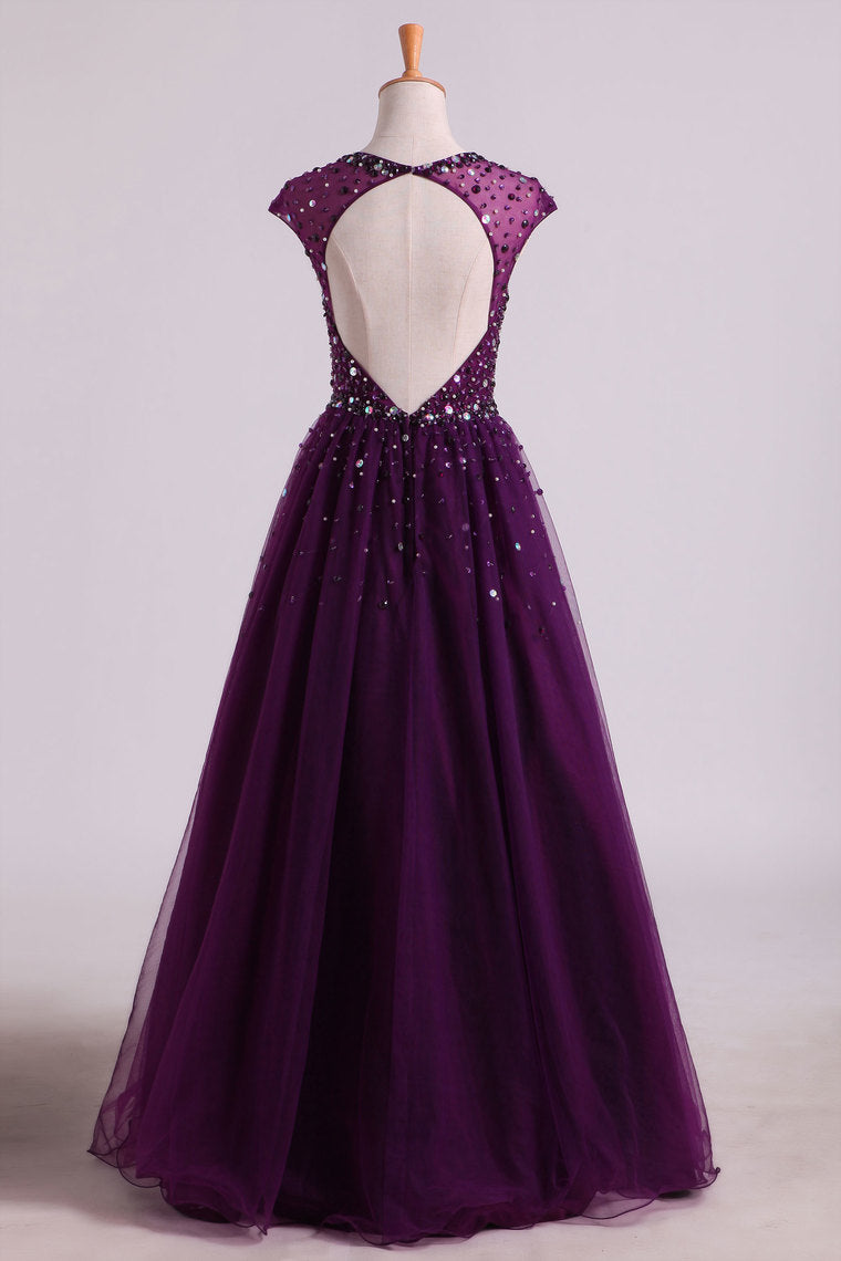 2022 Prom Dress Scoop A Line/Princess Open Back Tulle With Beads
