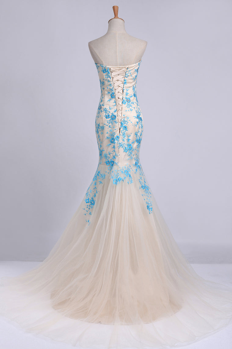 2022 Elegant&Perfect Tulle & Lace Prom Dress Corset Mermaid