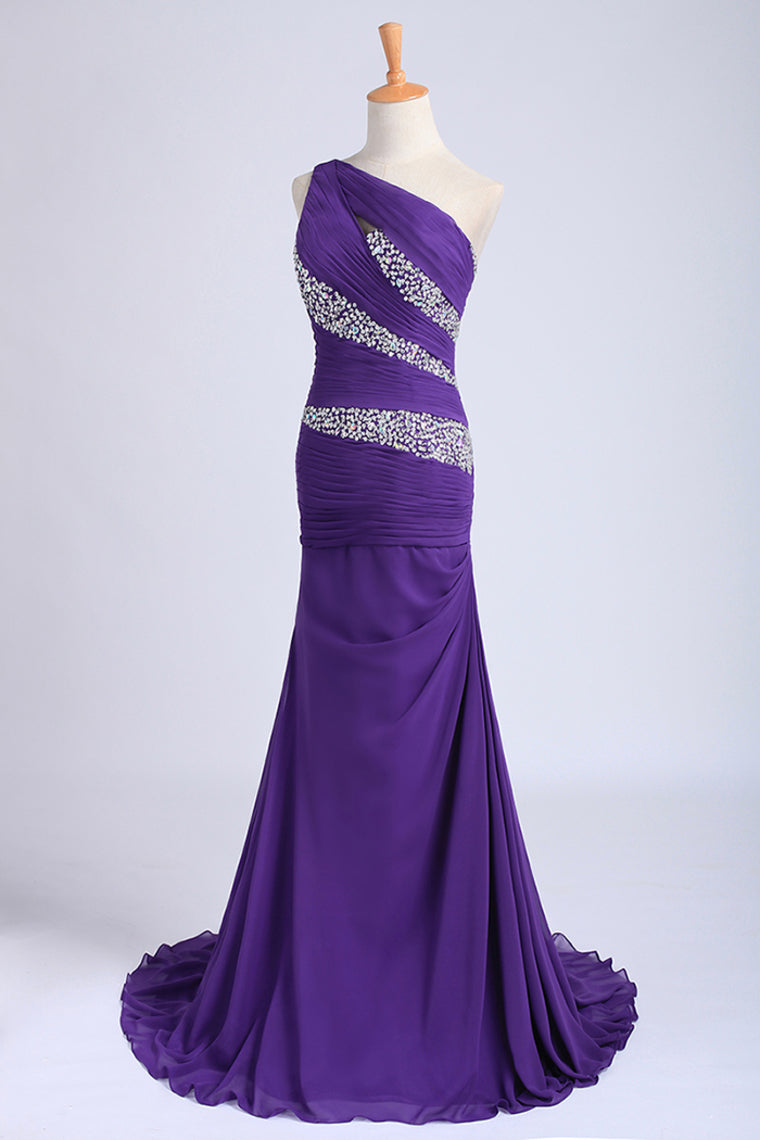 2022 One Shoulder Mermaid Court Train Chiffon Prom Dresses