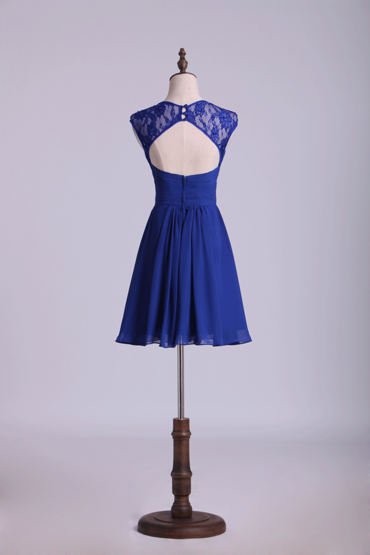 2022 Homecoming Dresses Dark Royal Blue A Line Short Square Neckline Open Back Lace & Chiffon