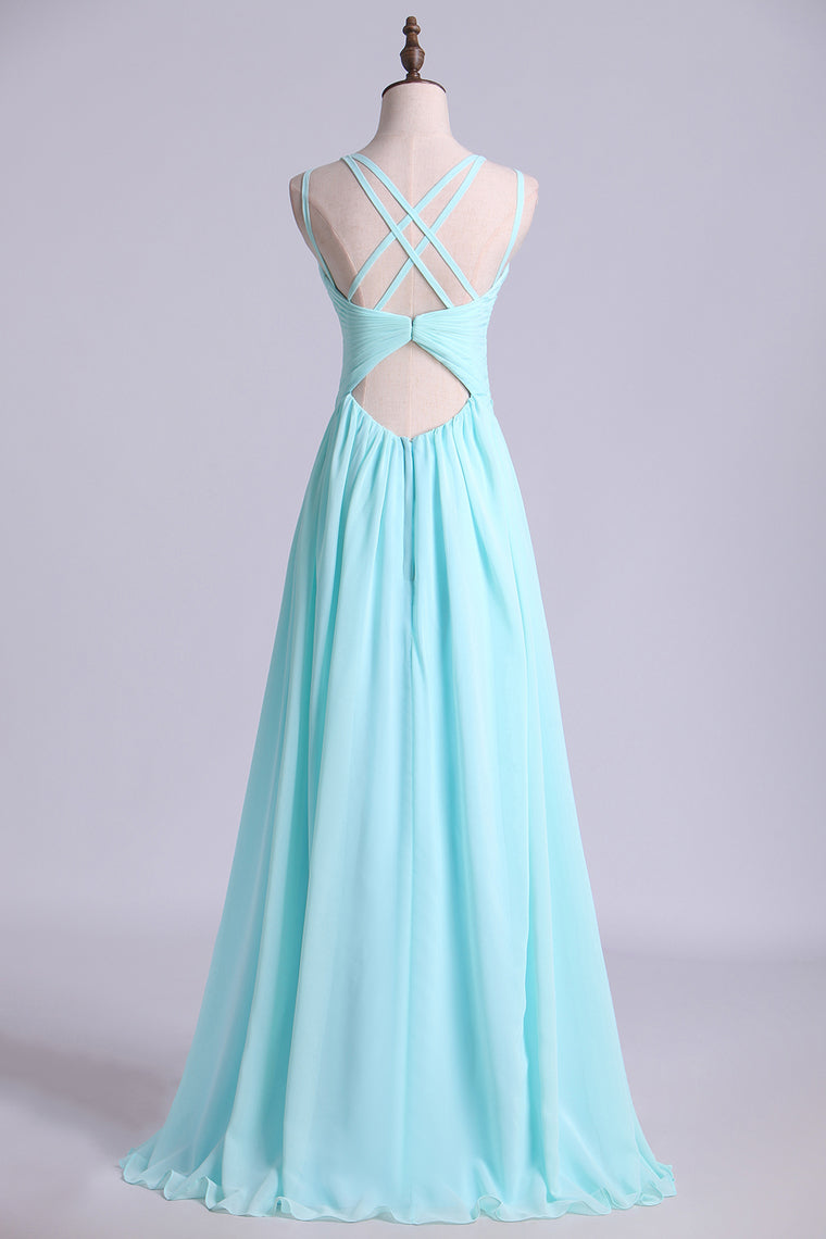 2022 Prom Dress Spaghetti Straps Chiffon A Line Ruffled Bodice With Criss Crossed Back