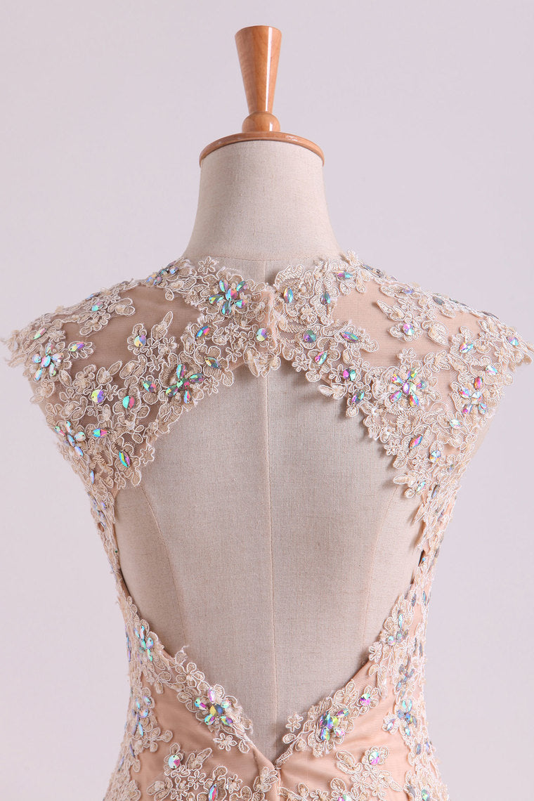 2022 Classic Prom Dresses V Neck Mermaid/Trumpet Floor Length Tulle Champagne With Applique & Beads