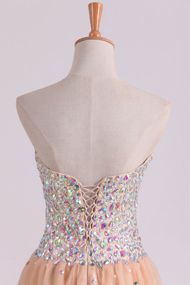 2022 Sweetheart A-Line Prom Gown With Colorful Rhinestone Beaded Bodice Tulle