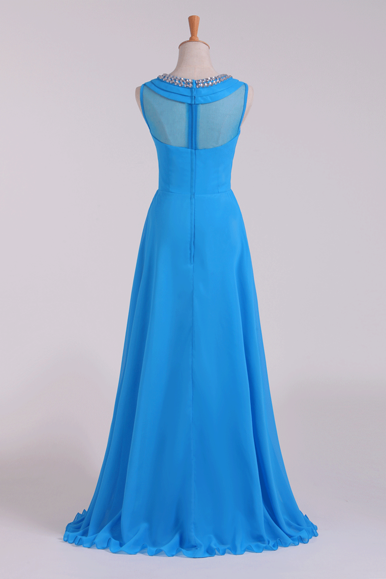 2022 Prom Dresses Scoop A Line Chiffon Beaded Floor Length