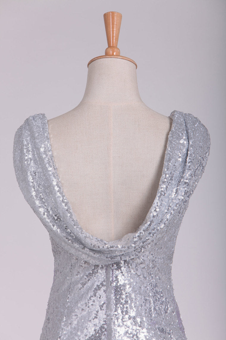 2022 Open Back Bridesmaid Dresses Scoop Sequins Floor Length