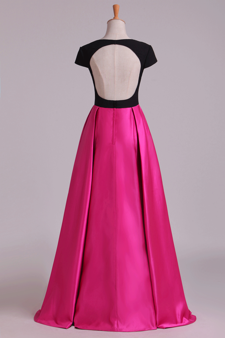 2022 Evening Dress Open Back V-Neck Short Sleeve A-Line Satin Black Bodice Floor-Length