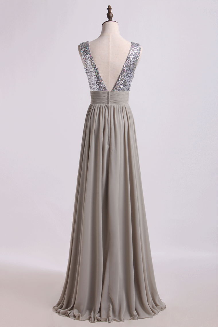 2022 Romantic Scoop V Back A Line/Princess Chiffon Prom Dresses With Beads And Ruffles Floor Length