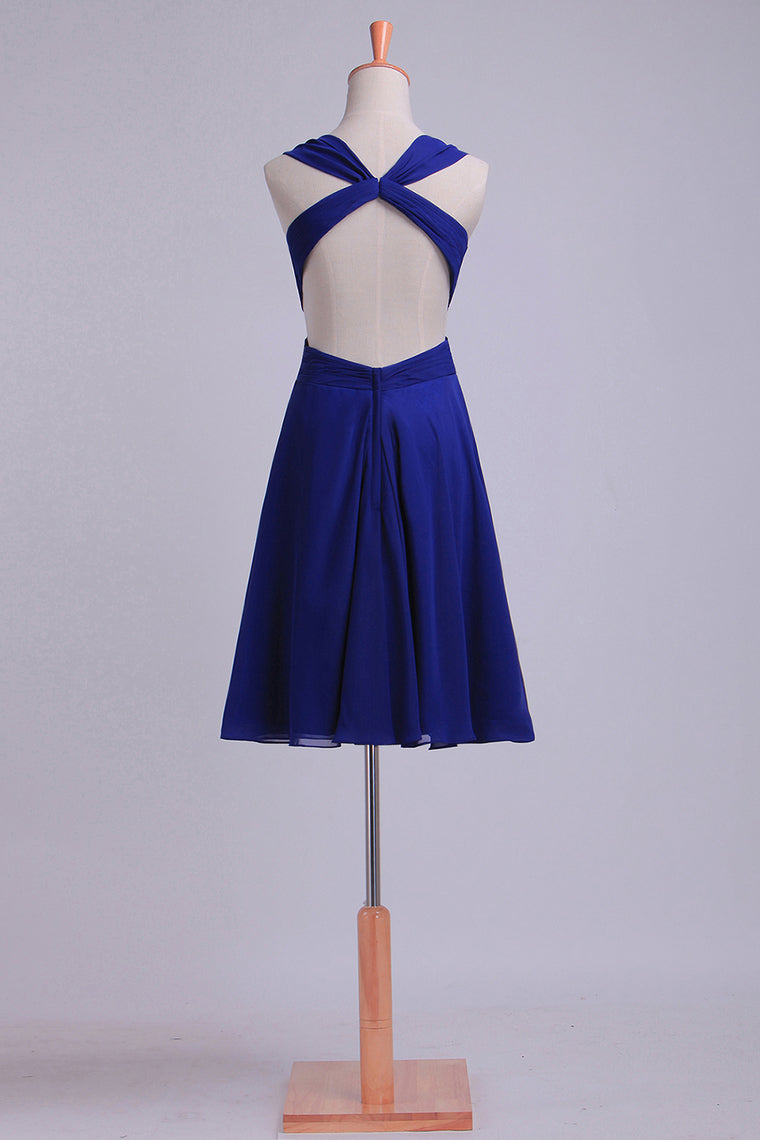 2022 Straps Sexy Backless Dress Pleated Bodice Short/Mini Chiffon