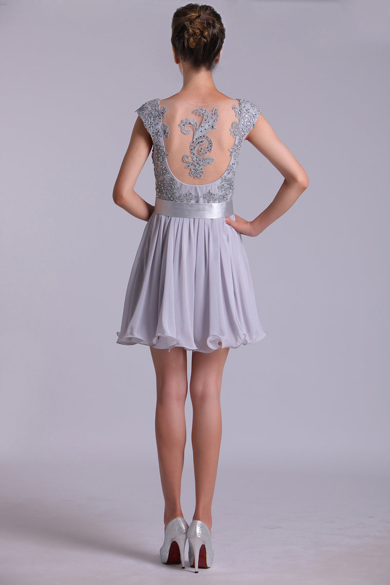 2022 Off The Shoulder A-Line Homecoming Dresses With Applique Tulle And Chiffon