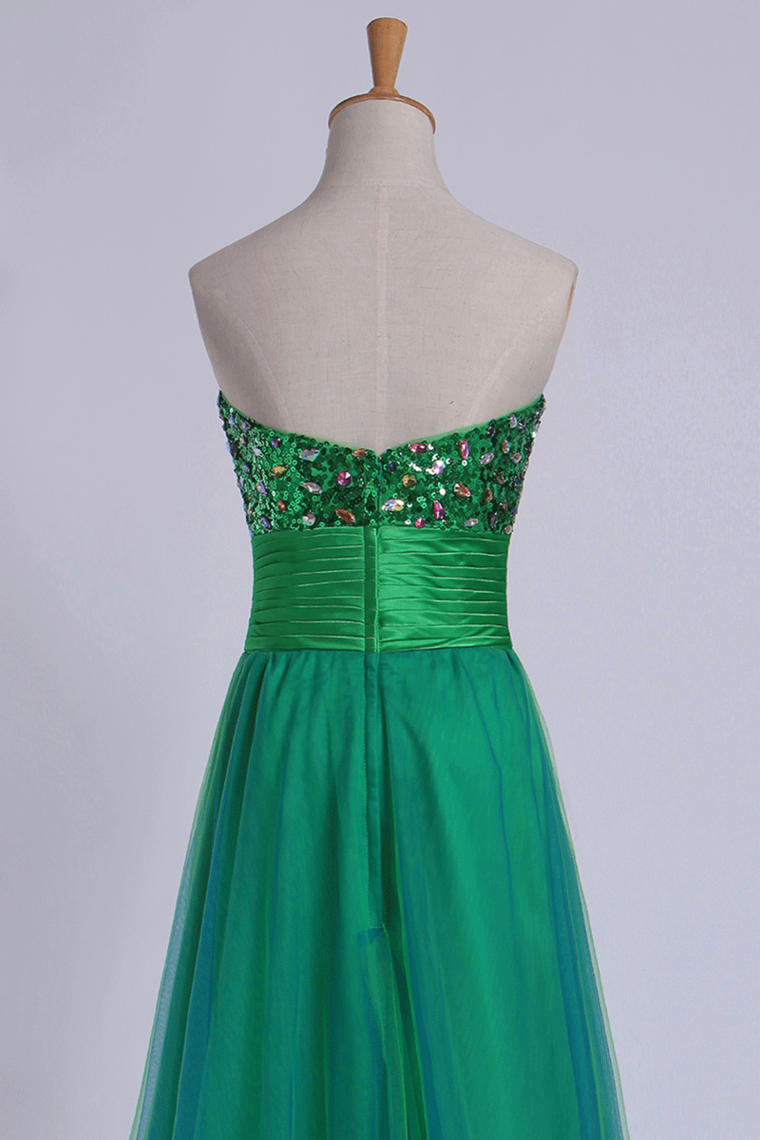 2022 Sweetheart Prom Dresses Empire Waist Floor Length With Beading/Sequins Tulle